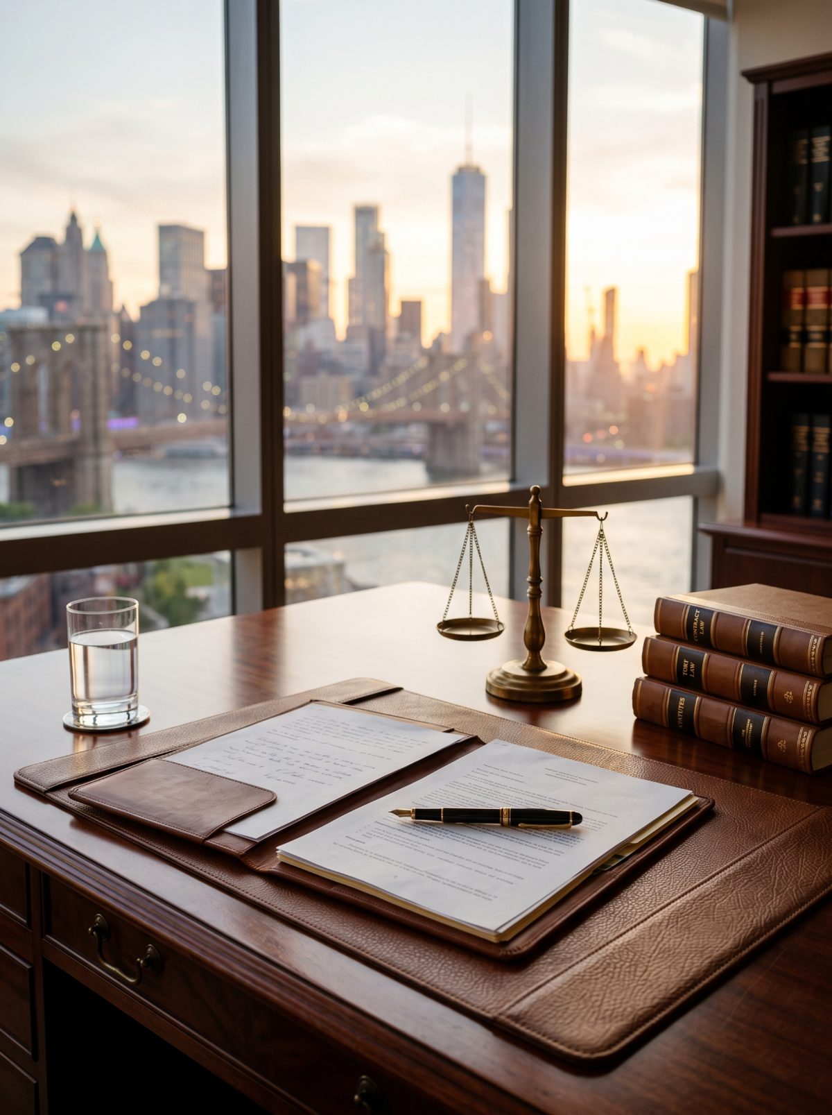 Attorney at her New York office, with the Manhattan skyline in the background